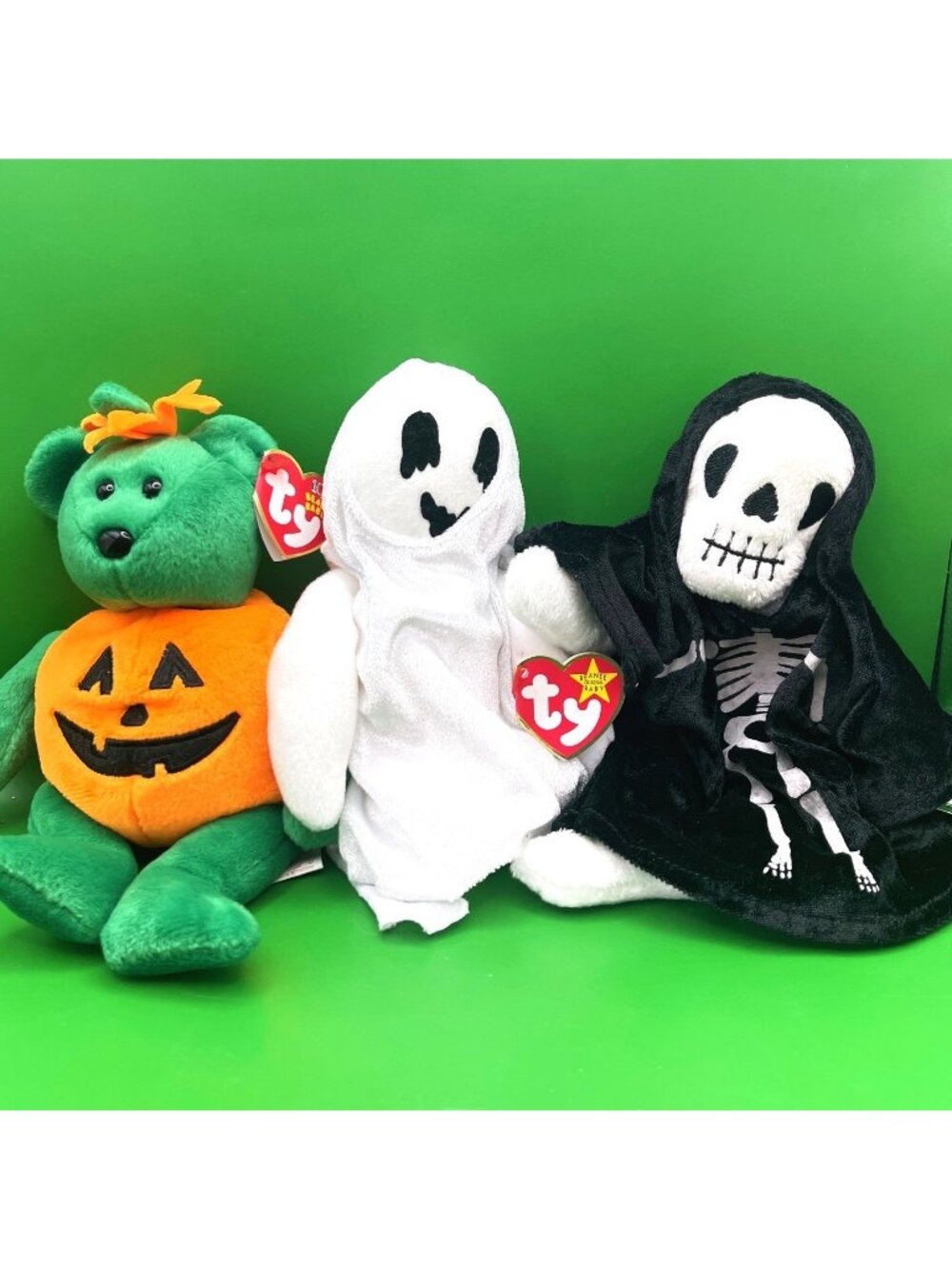 Ty Halloween Beanie Baby Lot 3 Tricky Bear Creepers Skeleton Sheets Ghost READ!!